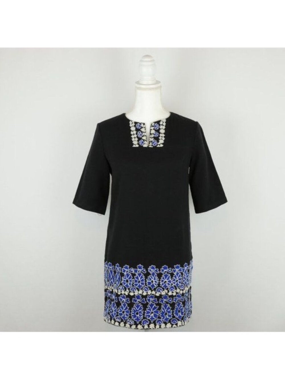 Suno Women's Size 0 Black Embroidered Woven Cotton Short Sleeve Mini Shift Dress